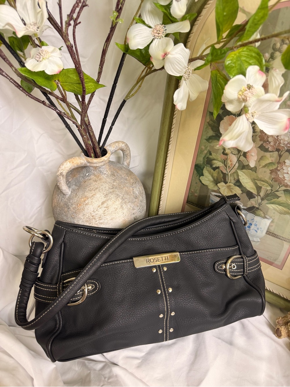 Y2K Rosetti Black Faux Leather Shoulder Bag with Silver Hardware - Whimsigoth - Picture 3 of 9